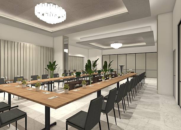 Modern 3D hotel meeting room interior showcasing a wood conference table. Includes minimalist decorative wall paneling, diverse ceiling features, and lighting fixtures.